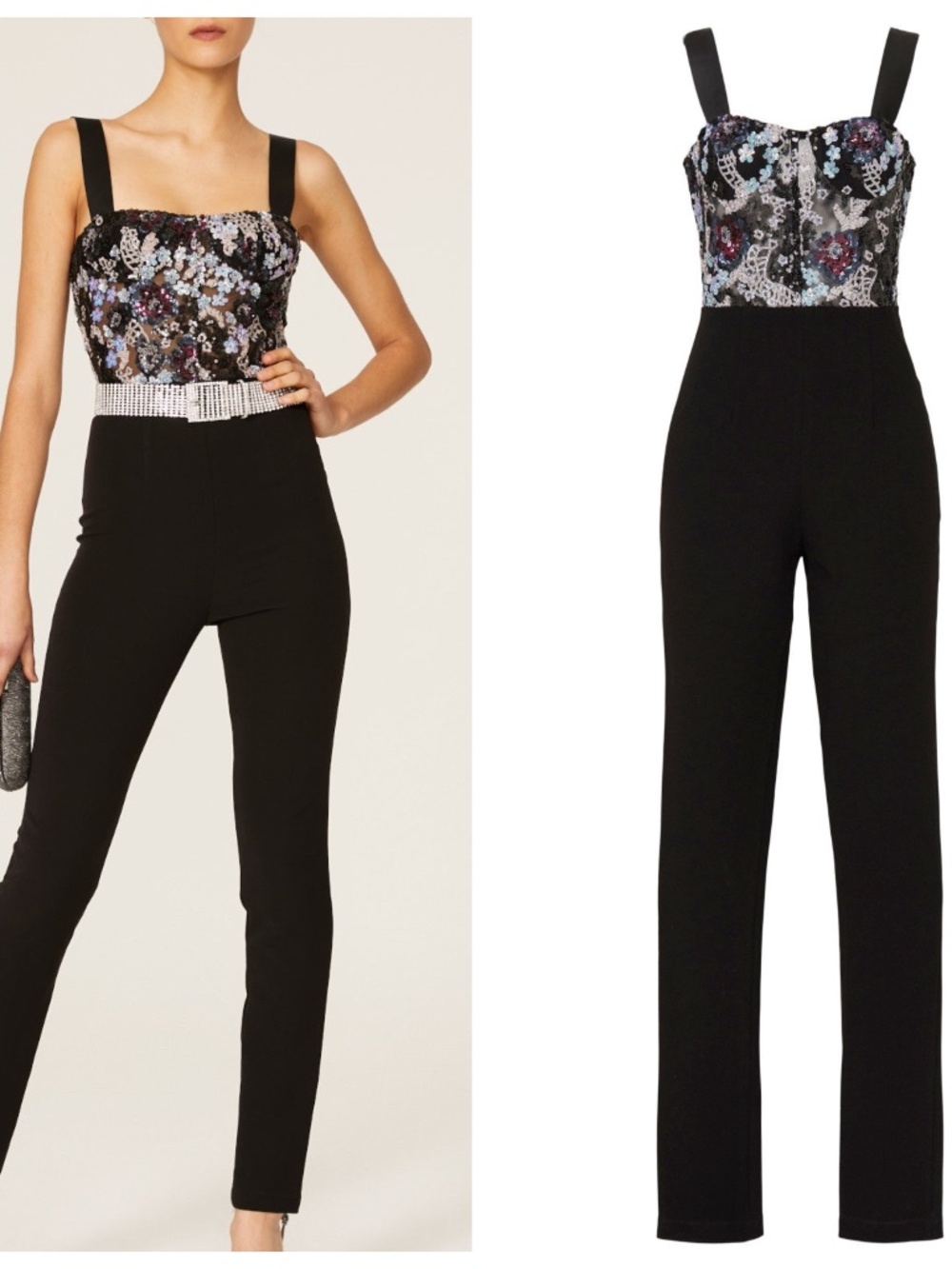 Bronx and Banco Annabell Sequined Sequin Floral Jumpsuit Black Bustier SMALL